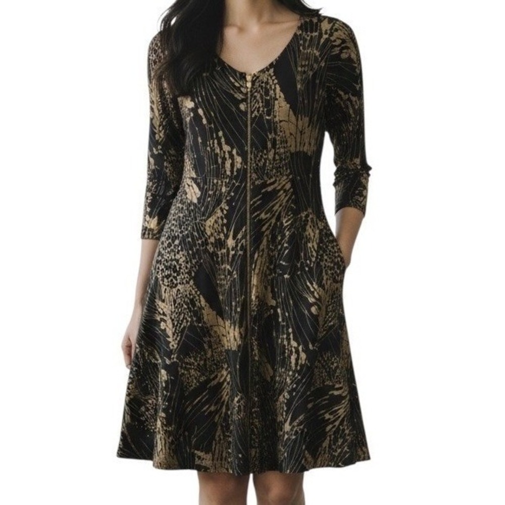 Bel Kazan Metallic‎ Abstract Print Zip Front Gropcore Dress Pockets Medium Artsy